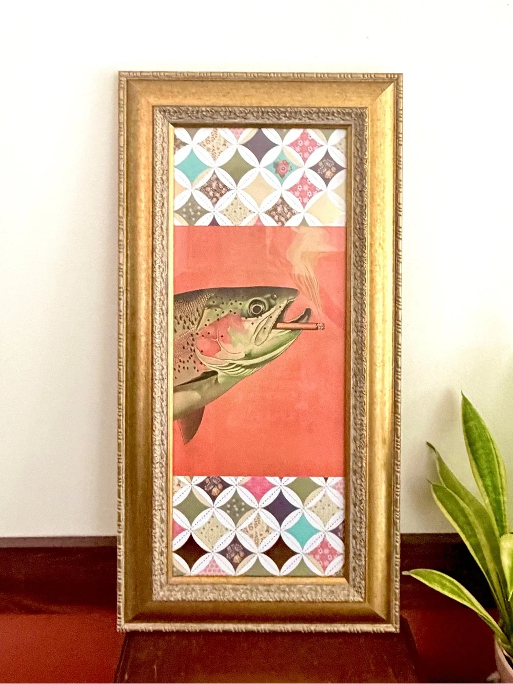 Trout Fish Smoking a Cigarette Vintage Style Canvas Wall Art Print Gold Framed